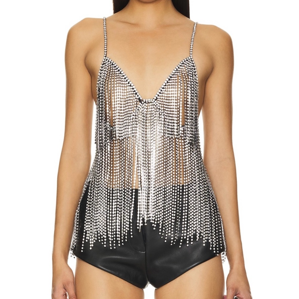 h:ours Silver Rhinestone Fringe Camisole Top